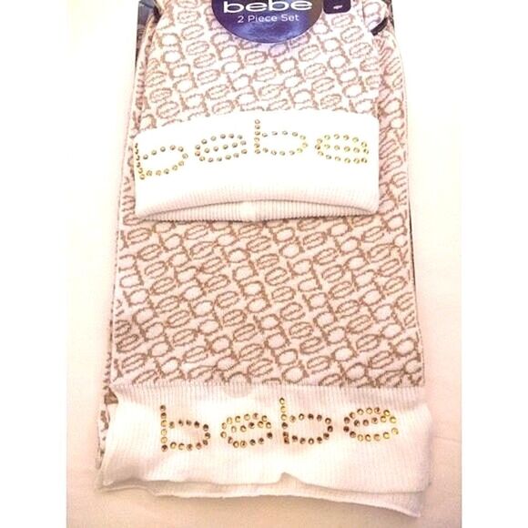 New! BEBE Logo Scarf & Pom Pom Beanie Hat Set 2-Piece With Gift Box Cream Gold - Picture 5 of 5